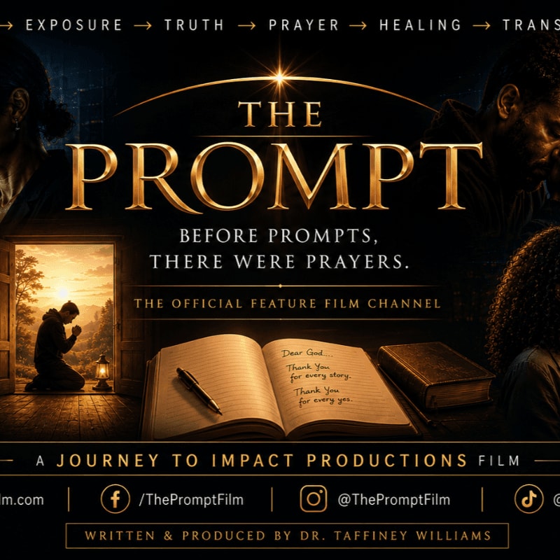 A cinematic poster for "The Prompt" features a glowing open book with a pen in the foreground, set against a dark background with silhouetted figures and a scene of a person praying at sunset.