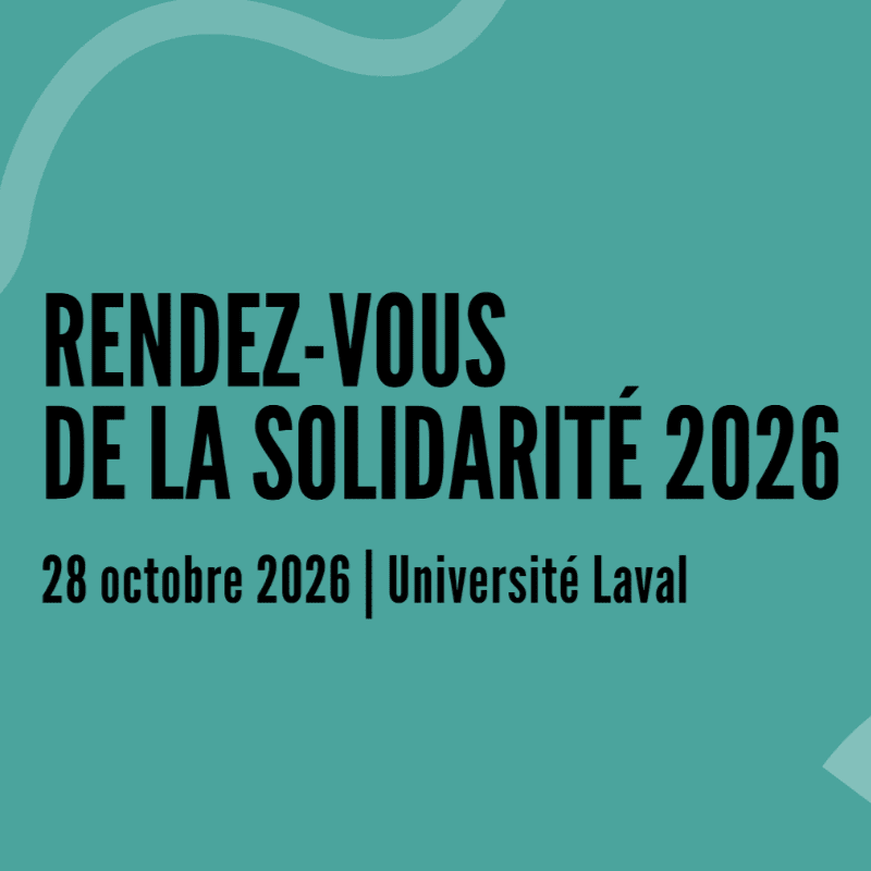 Black text announcing "RENDEZ-VOUS DE LA SOLIDARITÉ 2026" and the date and location is centered on a teal background with a light blue curved accent in the top left.