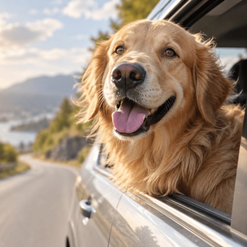 A happy Golden Retriever leans out of a car window with a scenic road and mountains in the blurred background.