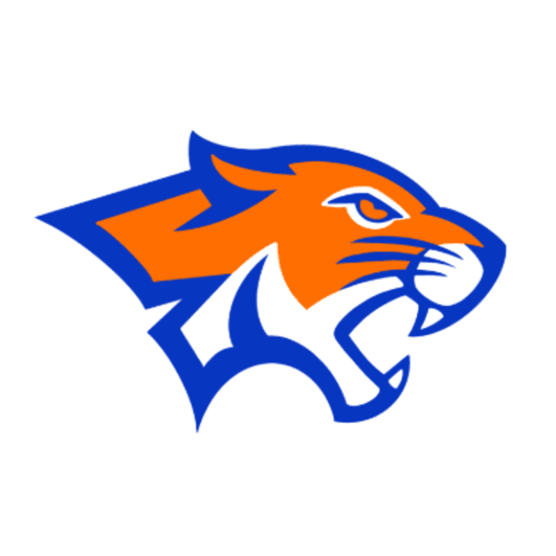 An orange and blue stylized tiger head with bared teeth is set against a plain white background.