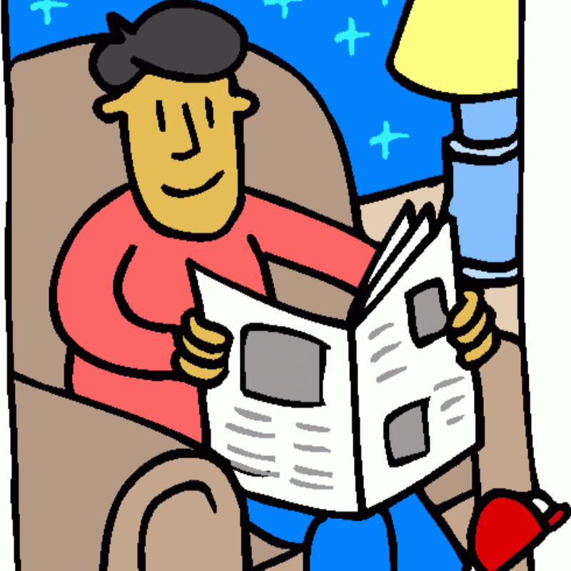 A man in a red shirt reads a newspaper while sitting in a brown armchair against a blue starry background with a yellow lamp.