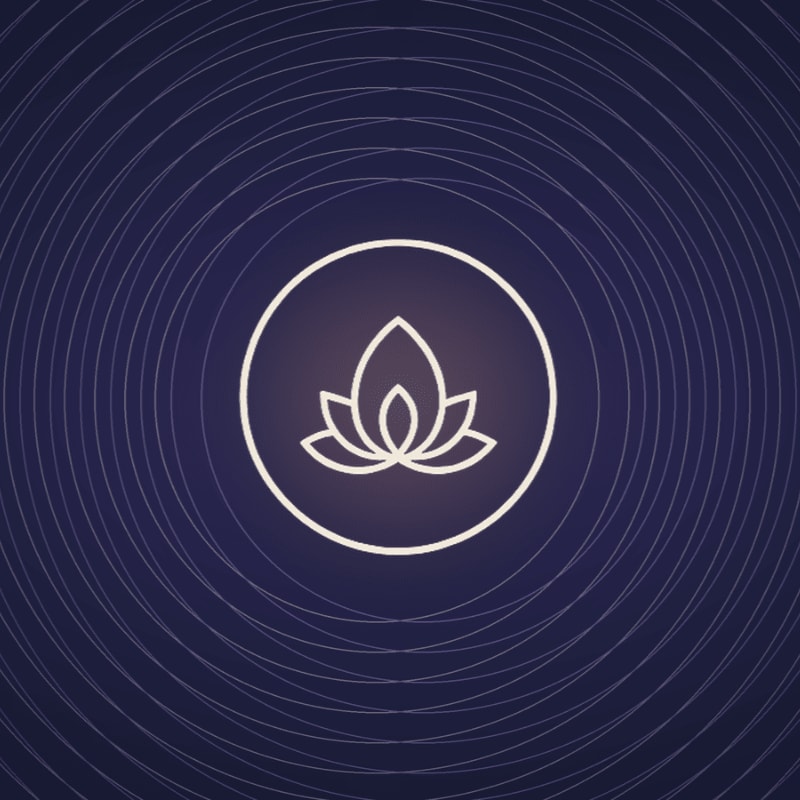 A white lotus flower icon inside a circle is centered against a dark purple background of concentric rings.