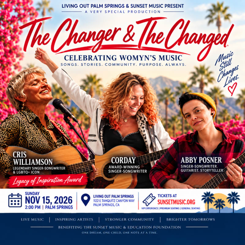 Three female musicians perform with guitars in the foreground against a sunny background of palm trees and mountains.