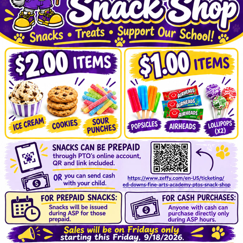 A colorful snack shop flyer features a menu of $1.00 and $2.00 treats in the foreground against a purple and yellow themed background.