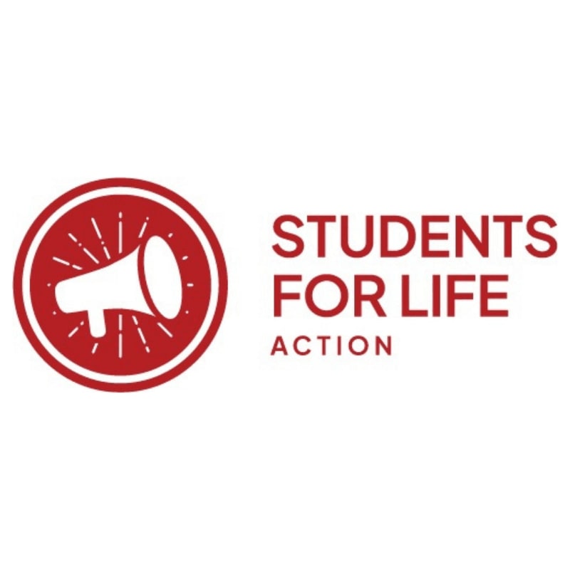 A red circular logo featuring a megaphone sits next to the text "STUDENTS FOR LIFE ACTION" against a plain white background.