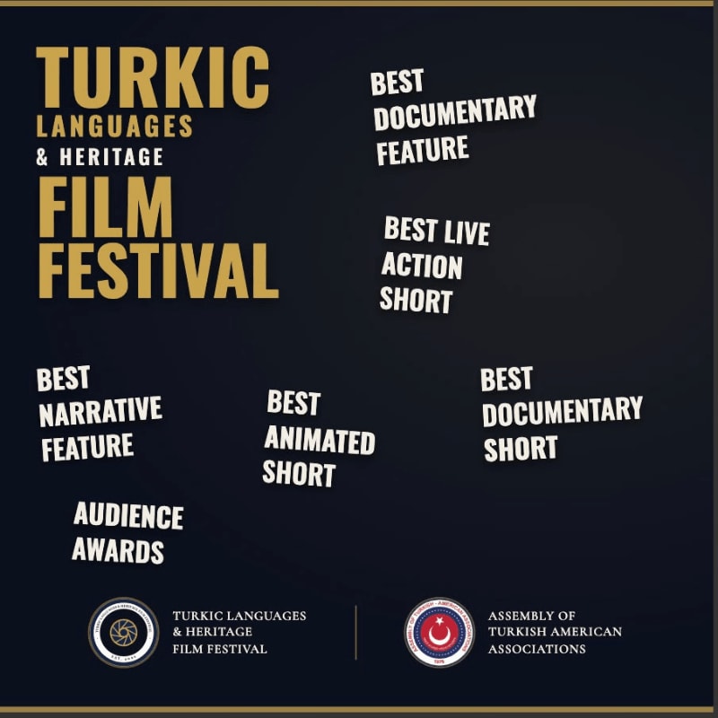 Gold and white text listing film festival categories and organizers is set against a dark black background.