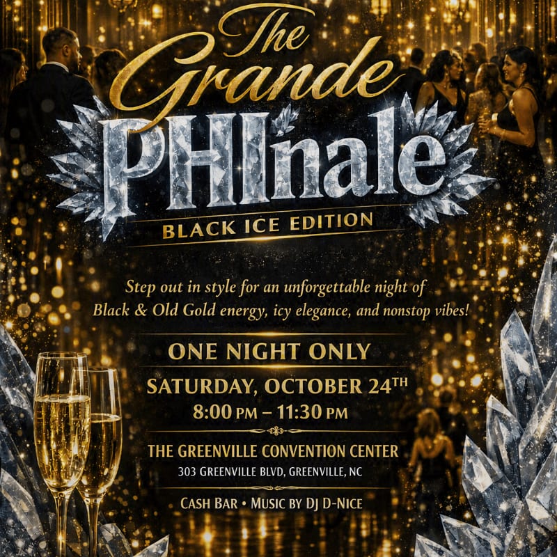 Two champagne glasses stand in the foreground of a gold-glittered event flyer featuring bold text and a crowd of people in the background.