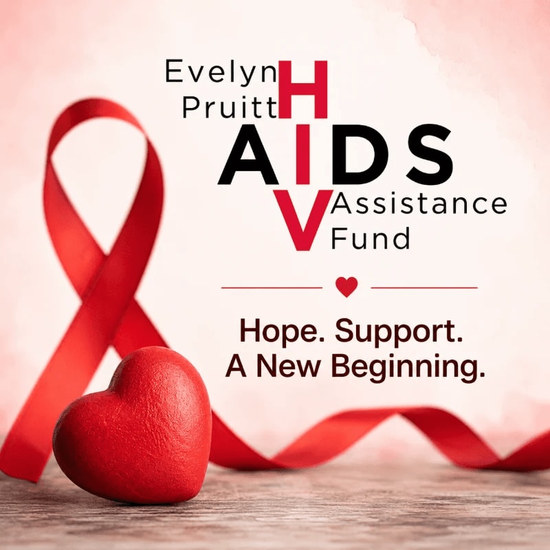 A red heart and awareness ribbon sit in the foreground against a light pink background featuring text for the Evelyn Pruitt HIV AIDS Assistance Fund.