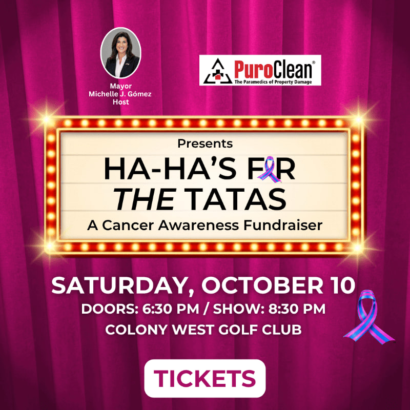 An event flyer for "Ha-Ha's for the Tatas" featuring a lit marquee sign in the foreground against a backdrop of magenta curtains.