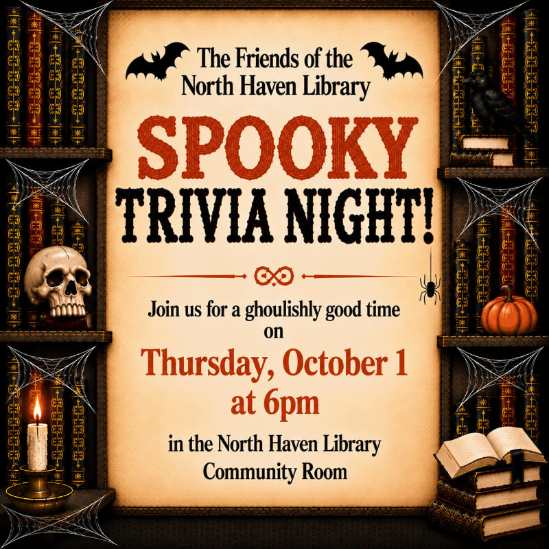 A central announcement for a "Spooky Trivia Night" is framed by bookshelves containing skulls, candles, pumpkins, and spiderwebs.