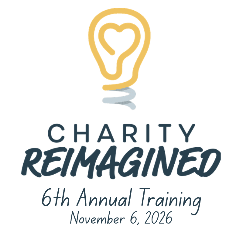 A yellow lightbulb icon with a heart inside sits above the text "CHARITY REIMAGINED 6th Annual Training November 6, 2026" against a plain white background.