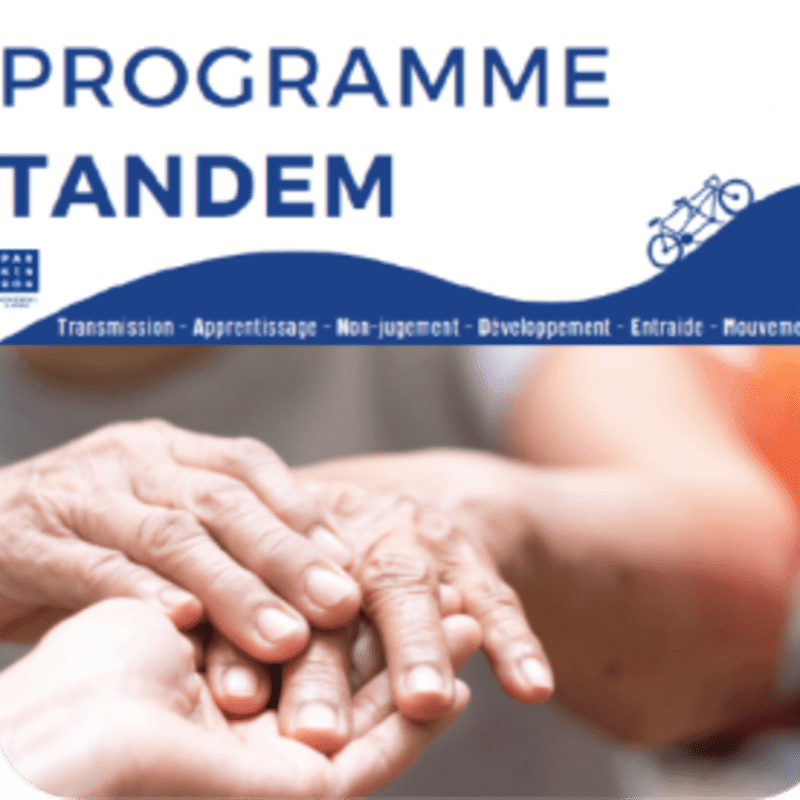 An elderly person's hand is held by a younger hand in the foreground, set against a white and blue background featuring the text "PROGRAMME TANDEM" and a bicycle icon.