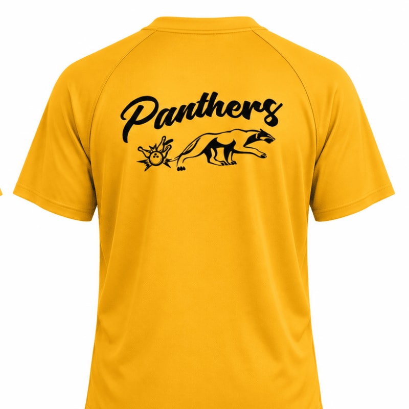 A yellow t-shirt featuring a black "Panthers" logo and panther graphic is centered against a plain white background.