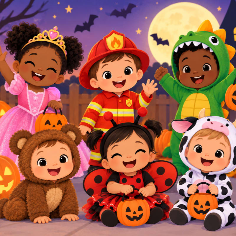 Five toddlers in Halloween costumes, including a princess, firefighter, dinosaur, bear, ladybug, and cow, pose together in the foreground against a nighttime background featuring a full moon, bats, and stars.