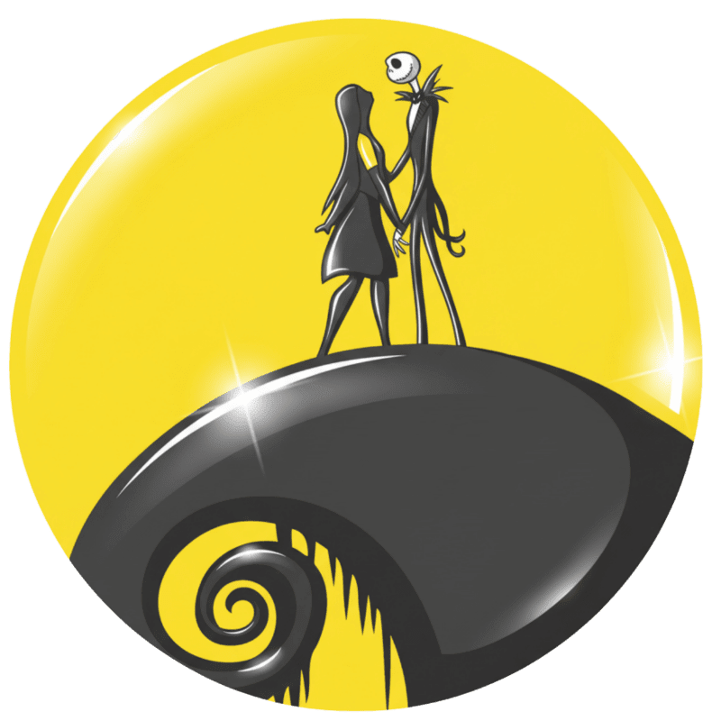 Jack Skellington and Sally stand atop a spiral hill against a bright yellow circular background.