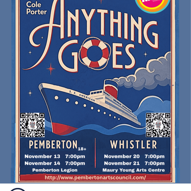 A promotional poster for "Anything Goes" features a cruise ship sailing on blue waves in the foreground against a dark blue background with stylized text.