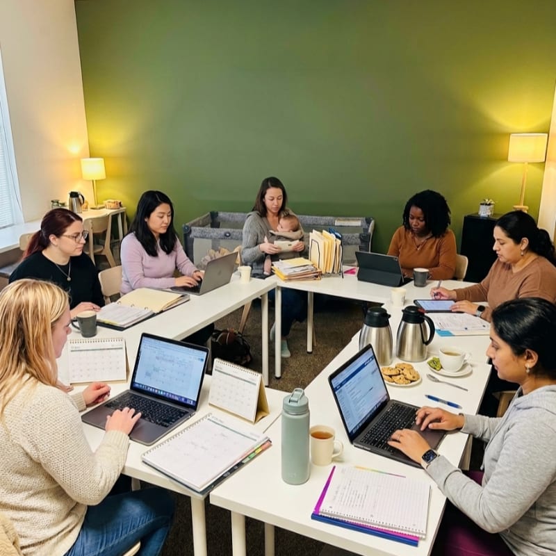 Several women work on laptops and notebooks at white tables in a room with a green accent wall and warm lighting.