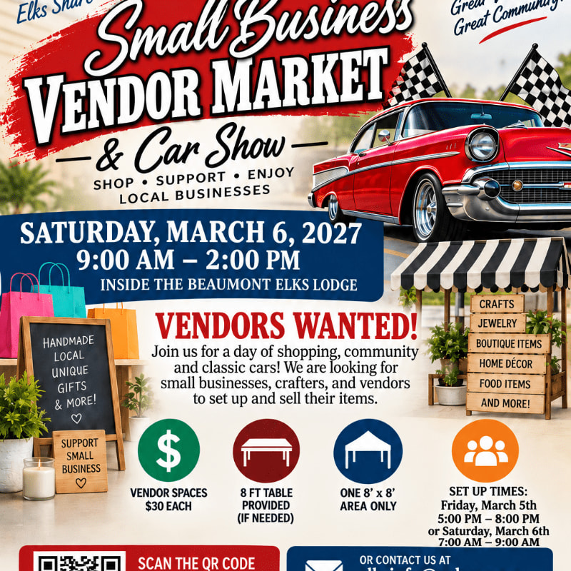 A promotional flyer for a Small Business Vendor Market and Car Show features a red classic car and market stalls in the foreground against a white background with event details.