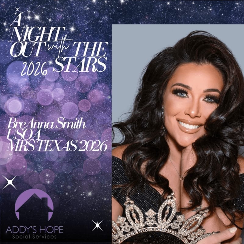 A smiling woman with long dark hair and a crown is positioned on the right, while the left side features a starry purple background with event text and a logo.