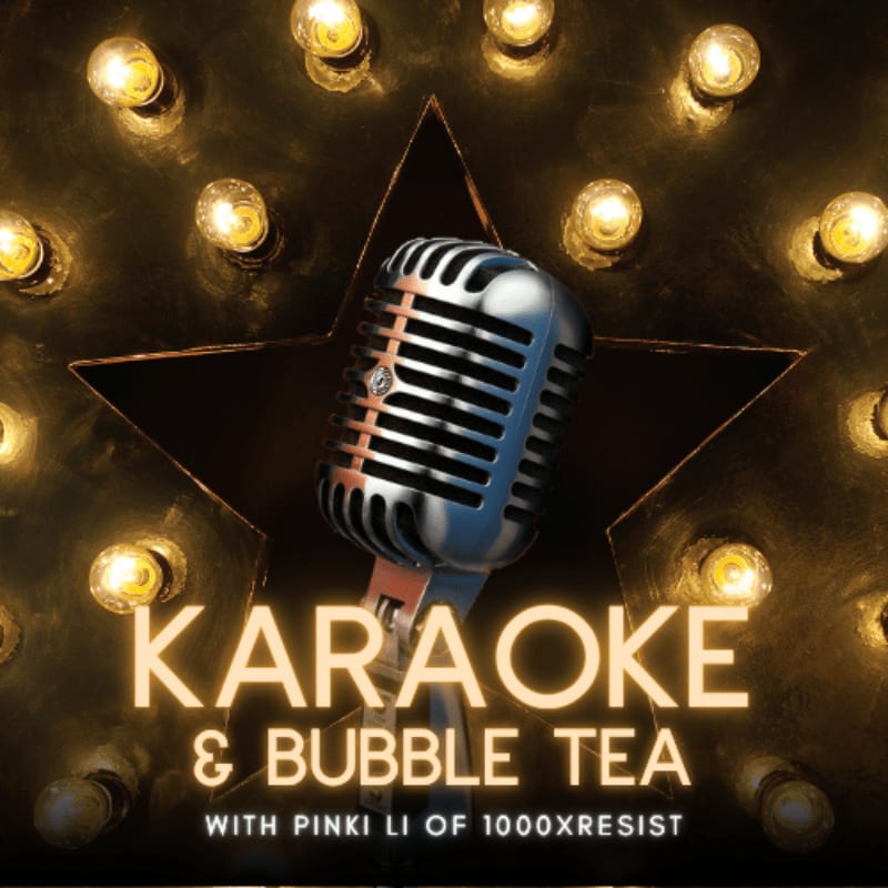 A vintage silver microphone stands in the foreground against a background of a gold star surrounded by glowing marquee lights.