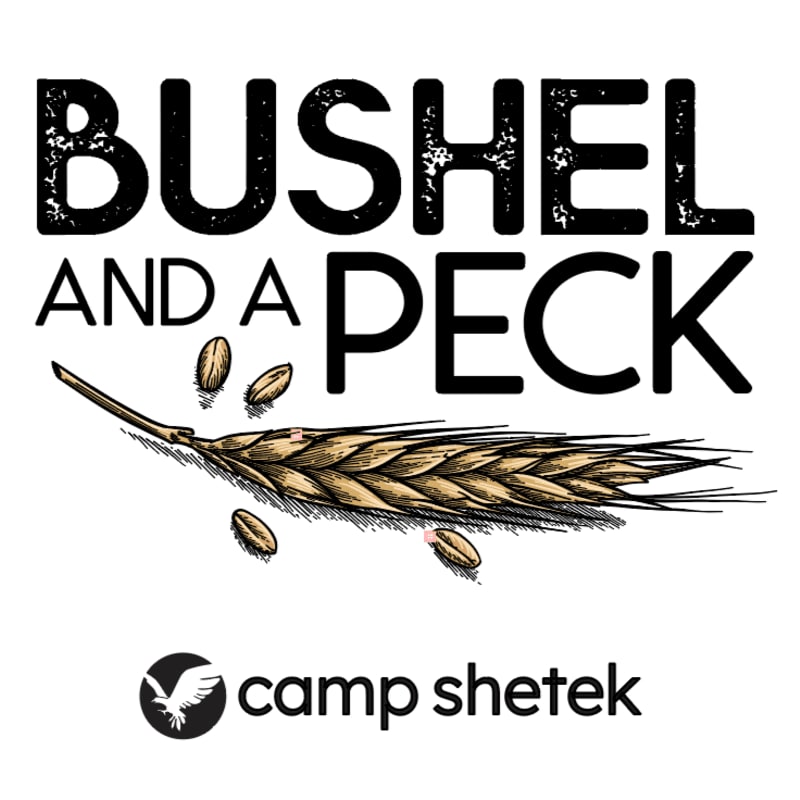 Bold black text reading "BUSHEL AND A PECK" and an illustration of a wheat stalk sit atop a white background with the "camp shetek" logo at the bottom.