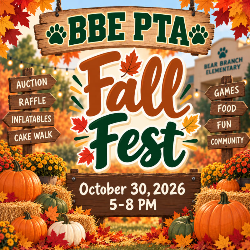 A colorful "Fall Fest" event sign is surrounded by pumpkins, autumn leaves, and directional placards in the foreground, with a school building visible in the background.