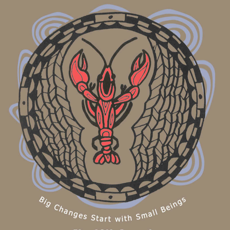 A red stylized lobster is centered within a circular black frame against a muted brown background with light blue swirling accents.