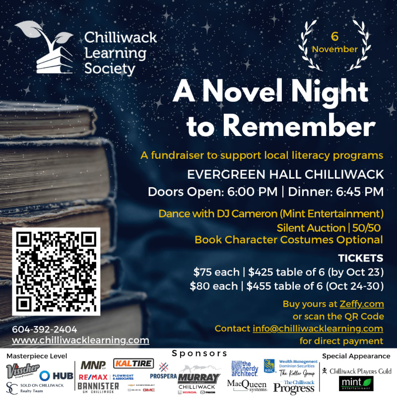 A stack of old books and a QR code sit in the foreground against a starry night sky background featuring event details for "A Novel Night to Remember."