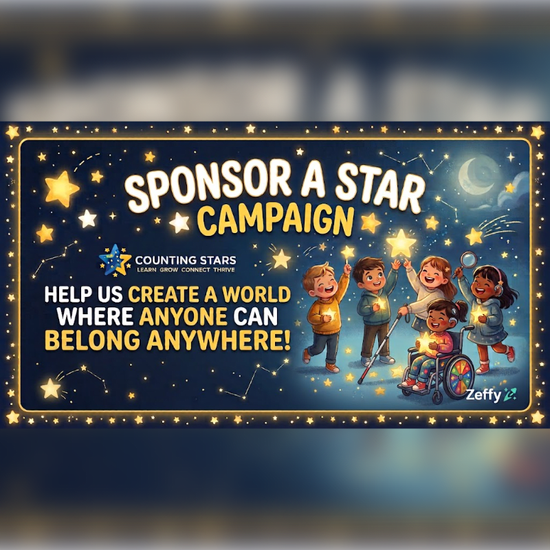 A group of diverse children reach for glowing stars in the foreground against a dark blue night sky filled with constellations and campaign text in the background.