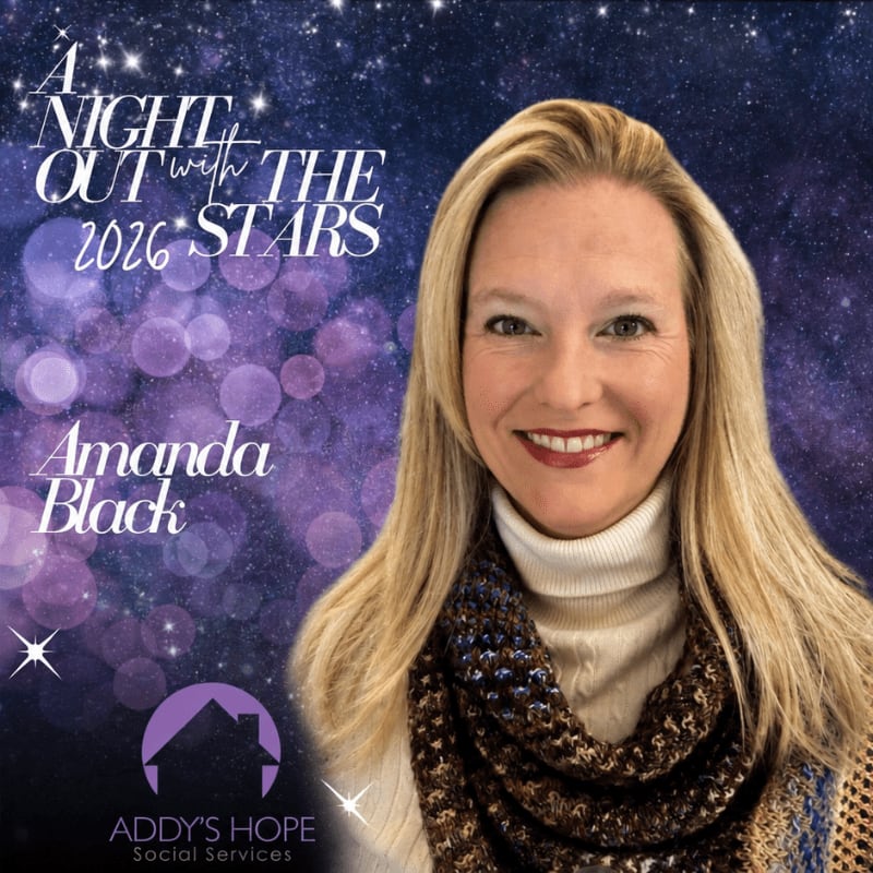 A smiling blonde woman in a white turtleneck and brown scarf stands in the foreground against a starry purple and blue galactic background with event text.