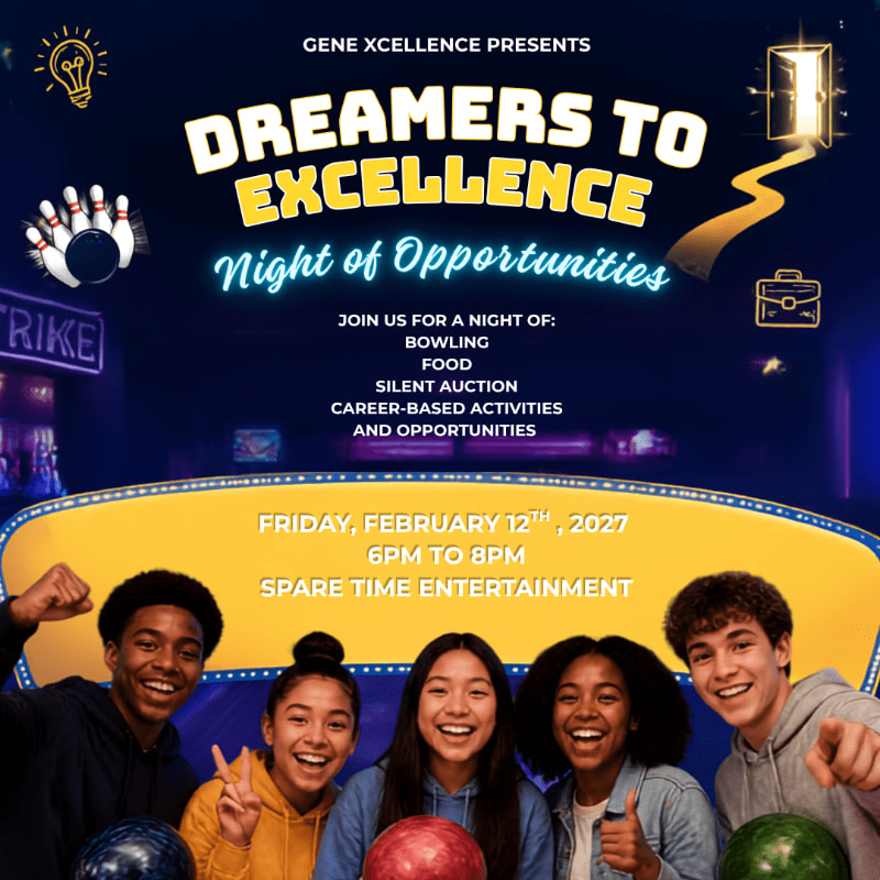 Five smiling young adults pose in the foreground of a promotional flyer for a "Dreamers to Excellence" event, set against a dark blue background featuring bowling pins, a lightbulb, and a golden path leading to an open door.