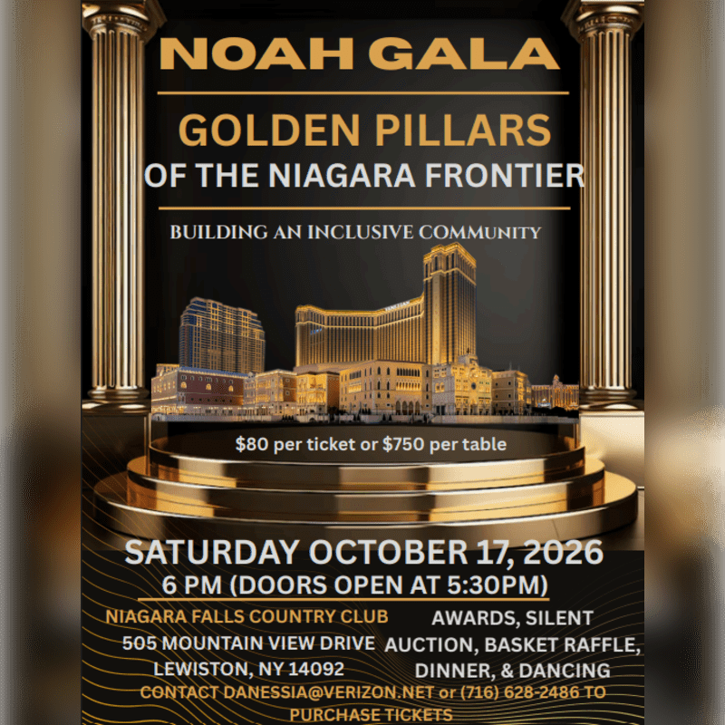 A gold-themed event flyer for the Noah Gala features a cityscape and event details in the foreground, framed by two large golden pillars against a dark background.