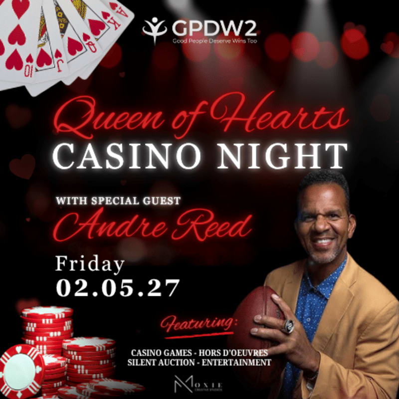 A man in a tan blazer holding a football stands in the foreground against a dark red background featuring casino chips, playing cards, and event text.