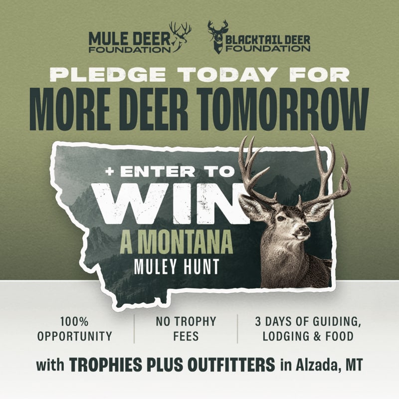 A promotional graphic for a deer hunt giveaway features a mule deer and a Montana state outline in the foreground against a muted green background.