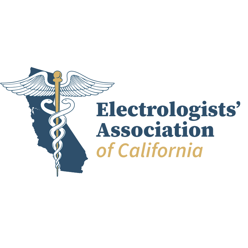 A caduceus symbol and the text "Electrologists' Association of California" are set against a blue silhouette of California on a plain white background.