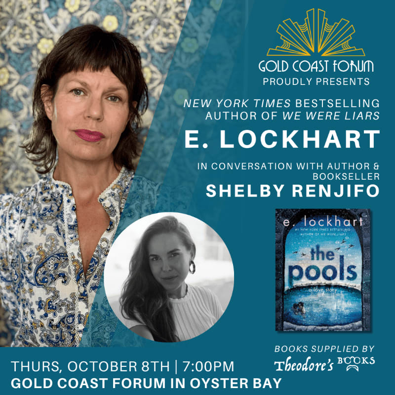 A promotional flyer features portraits of E. Lockhart and Shelby Renjifo alongside a book cover against a split background of patterned wallpaper and solid blue.