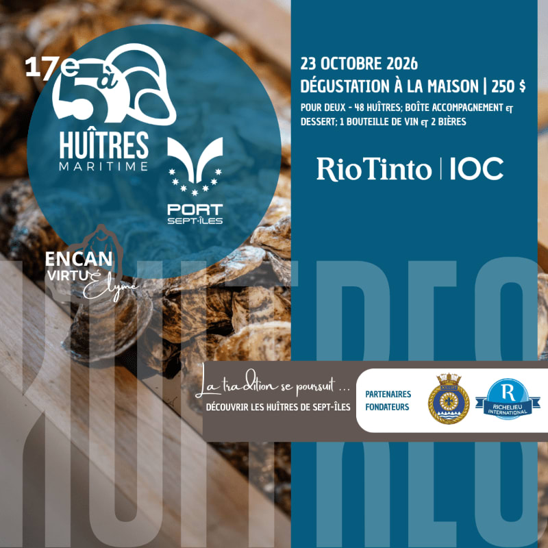 A promotional flyer features a blue circular logo and event details over a background of fresh oysters and a solid blue panel.
