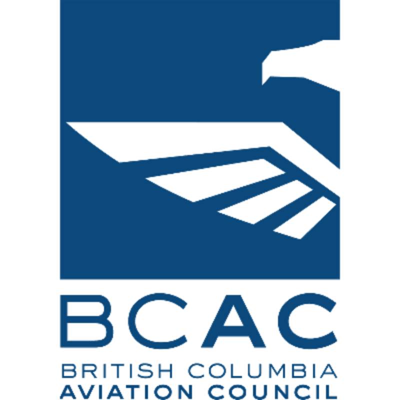 A white stylized eagle wing and head are set against a dark blue rectangular background, with the text "BCAC BRITISH COLUMBIA AVIATION COUNCIL" positioned below.