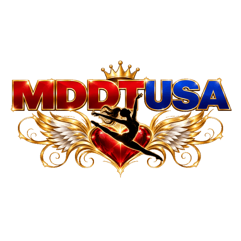A stylized logo featuring the text "MDDTUSA" with a crown, a dancing silhouette, and golden wings over a red heart, all set against a plain white background.