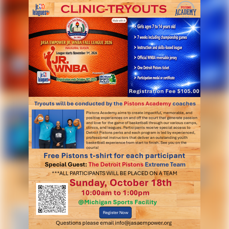 A promotional flyer for basketball clinic tryouts features a blue and orange layout with text and photos of coaches against a light wood-grain background.