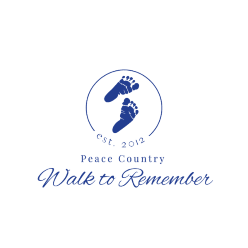 Blue baby footprints are centered within a circle above the text "Peace Country Walk to Remember" on a white background.