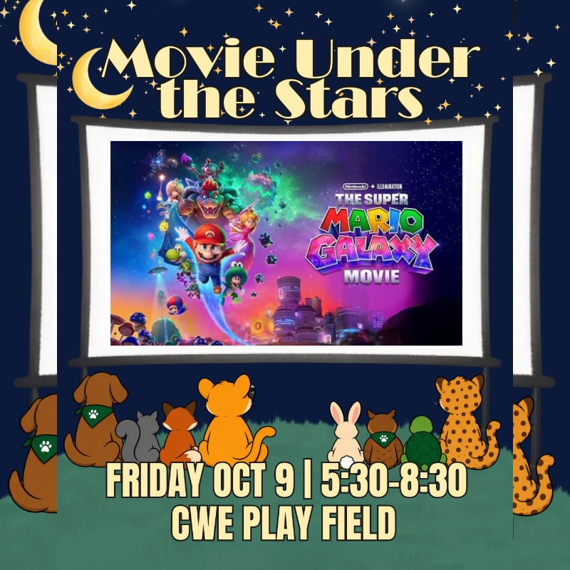 A movie screen displaying "The Super Mario Galaxy Movie" stands in a starry night sky, with a group of cartoon animals sitting on a grassy field in the foreground.