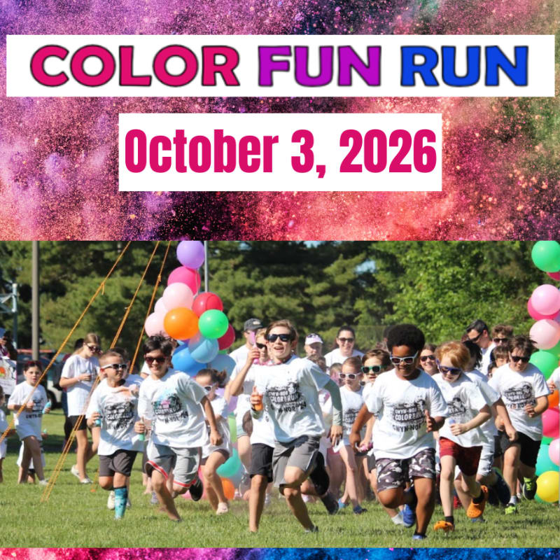 A colorful "Color Fun Run" announcement for October 3, 2026, sits above a group of children running across a grassy field with balloons in the background.