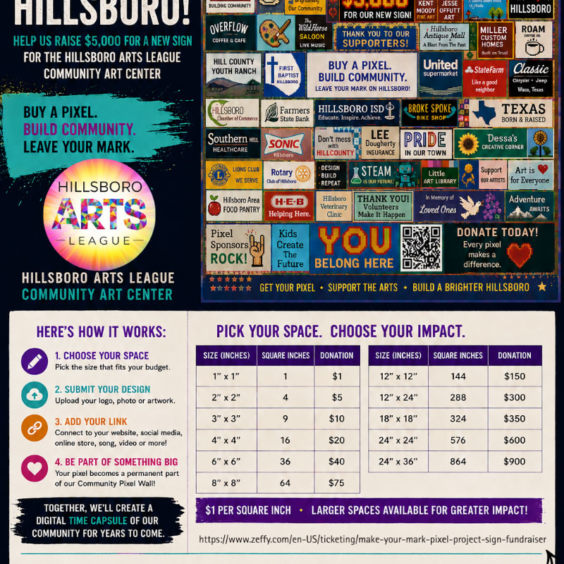 A promotional flyer for the Hillsboro Arts League fundraiser features a colorful grid of community sponsors in the upper half and a pricing table for pixel donations in the lower half.