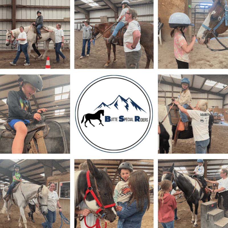 A collage of photos featuring children and adults participating in therapeutic horseback riding activities, centered around a logo for "Butte Special Riders."
