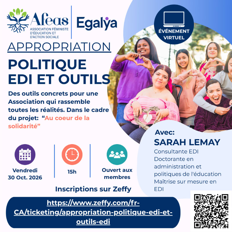A promotional flyer for a virtual event features a group of smiling women in the foreground and a blue and white graphic layout with text and a QR code in the background.