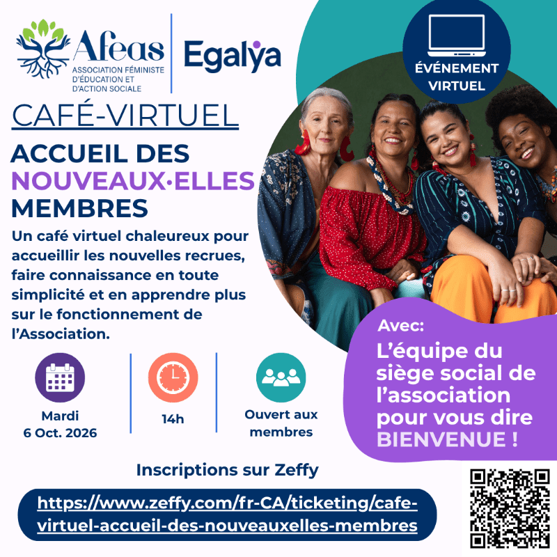 A promotional flyer for a virtual café event features four smiling women in the foreground against a teal and purple background with event details and logos.
