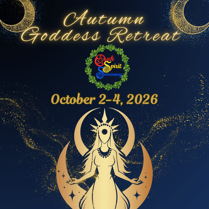 Gold text and mystical symbols, including a goddess figure and crescent moons, are set against a dark blue starry background.