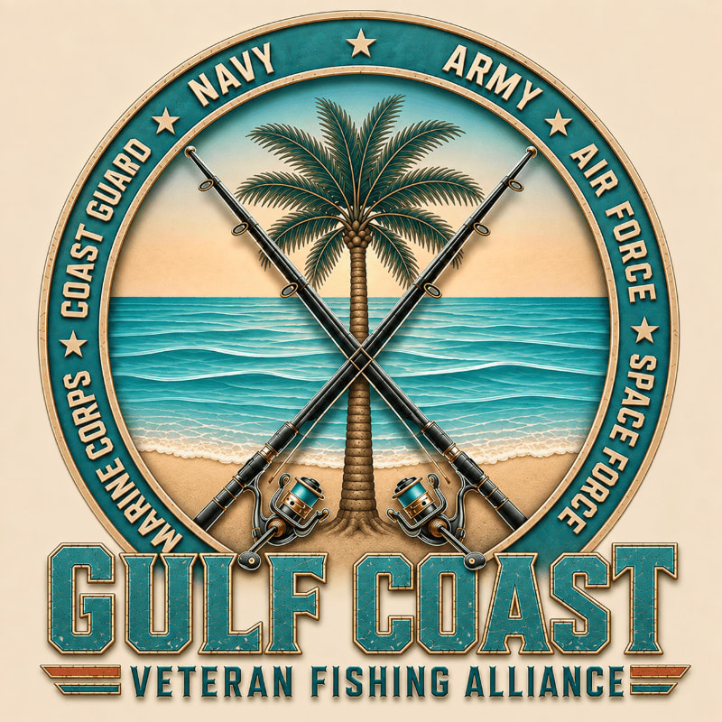 Two crossed fishing rods and a palm tree stand on a sandy beach against a turquoise ocean, all enclosed within a circular emblem listing various military branches.