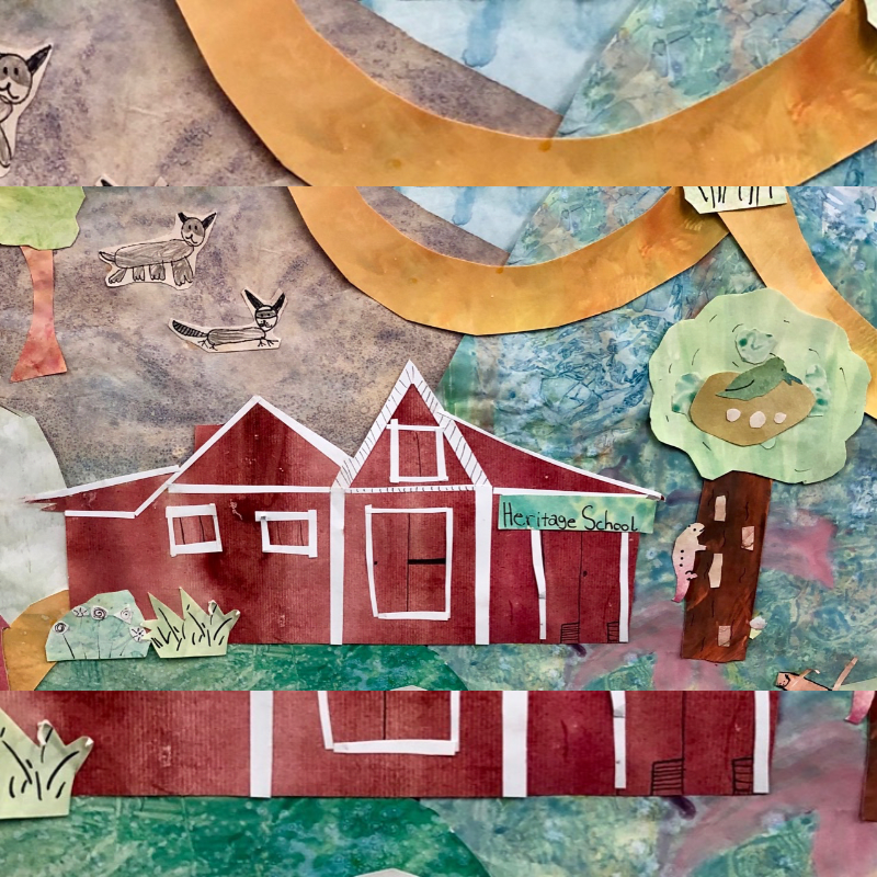 A red schoolhouse sits in the foreground beneath a whimsical sky filled with floating cats and golden swirls.